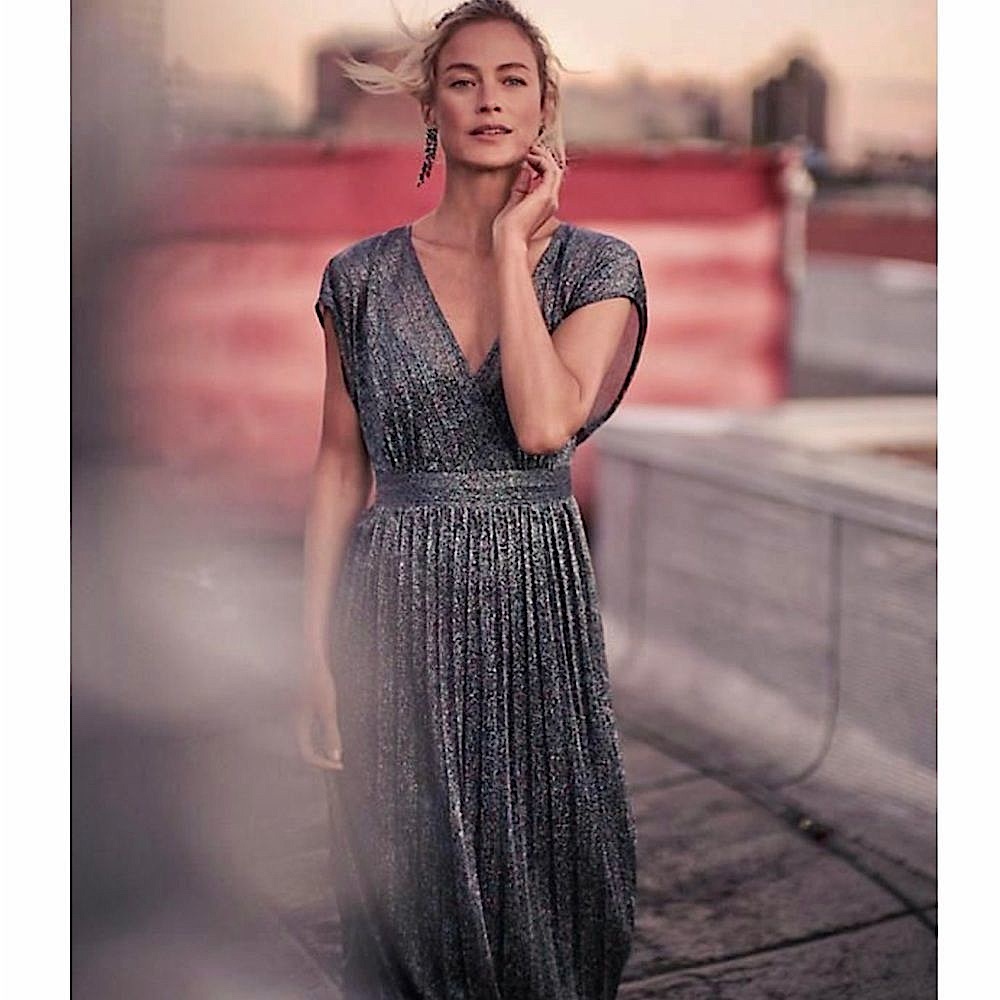 Anthropologie Moulinette Soeurs Pleated Metallic Wrap Shimmer Midi Dress Size 10